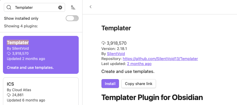 Obsidian Templater plugin Obsidian Templater plugin