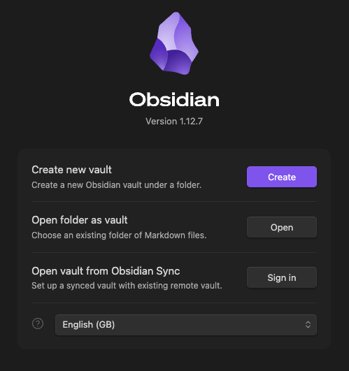 Obsidian Mac create new vault screen Obsidian Mac create new vault screen